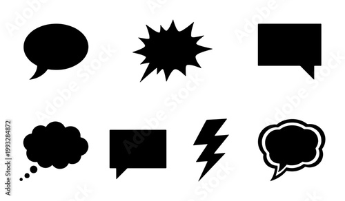 Comic speech bubble silhouettes, black talk cloud icons set, pop art thought bubbles and lightning bolt vector, communication chat symbols