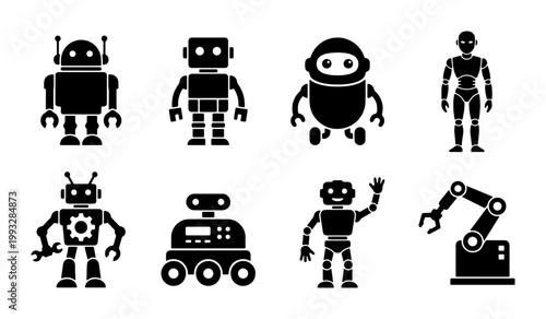 Robot icon set with 8 black vector silhouettes, futuristic android and cyborg characters, industrial robotic arm and automation machine symbols