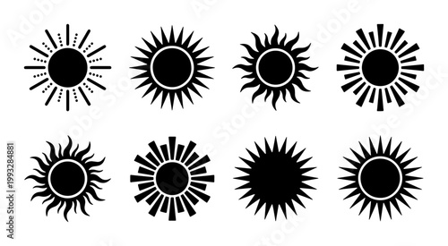 Sun icon set with 8 black vector silhouettes, celestial sunburst symbols for summer weather and astrology, minimal solar ray graphic elements