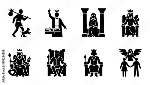 Tarot major arcana glyphs set, black silhouette occult symbols of fool magician priestess empress emperor and lovers, mystical vector icons