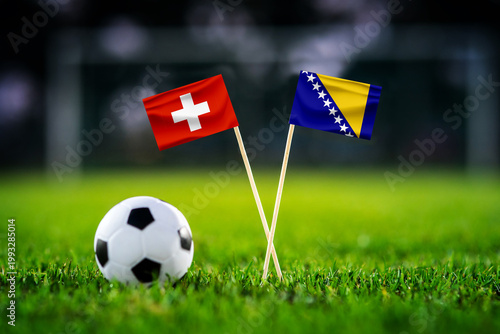 Switzerland vs Bosnia and Herzegovina, national flags before world championship Group B group stage match, football on green pitch with goal in the background, Inglewood, USA, June 18, 2026