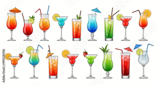 Collection of colorful cocktail illustrations with umbrellas and straws on a white background
