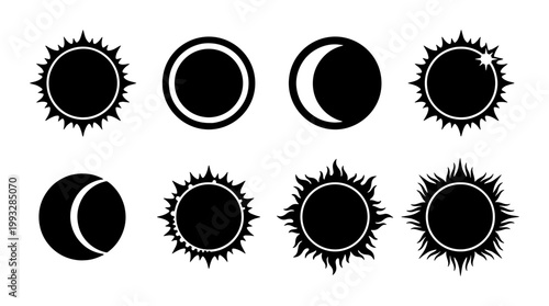 Solar eclipse vector icon set, black celestial sun and moon silhouettes, 8 astronomical lunar phase symbols for science and astrology design