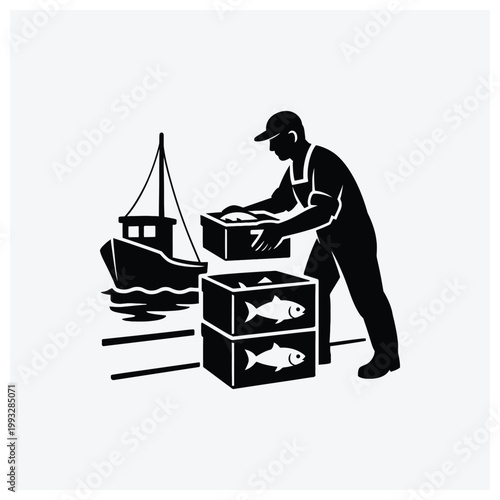 Fisherman selling fresh fish from a boat silhouette
