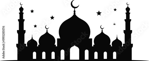 A grand mosque silhouette with one large central dome, two smaller domes, minarets, and stars above