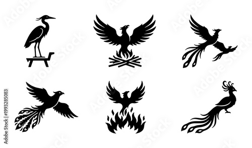 Mythical phoenix bird silhouettes, set of 6 black firebird icons, legendary creature rising from flames, heraldic peacock and heron vector graphics