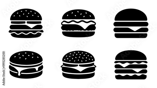 Minimalist burger icon set, black silhouette fast food hamburger symbols, collection of 6 vector cheeseburger graphics for restaurant menus and signage