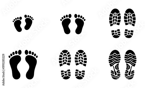 Human footprint silhouettes and shoe sole prints, black barefoot tracks and boot tread marks vector set, walking path icons for forensic or wayfinding design