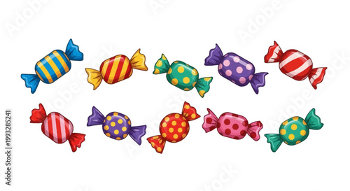 Colorful assortment of wrapped candies arranged in two rows on a white background