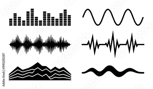 Audio sound wave icons set, black digital equalizer frequency bars, music signal waveforms and pulse heartbeat line vector graphics