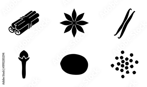 Minimalist spice icon set, black silhouette culinary herbs and spices, cinnamon sticks and star anise vector collection for food packaging