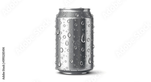 Close-up of a chilled silver soda can with water droplets on a white background