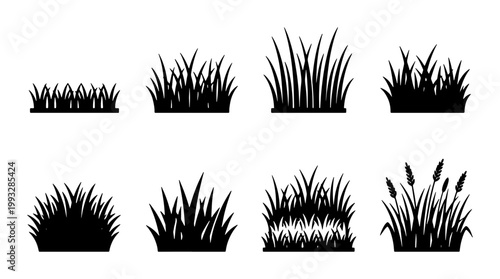 Black grass silhouette set, 8 nature plant vector icons, garden lawn and meadow tuft elements, botanical landscape border design assets