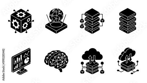 Isometric big data icons set, black glyph artificial intelligence and cloud computing vector elements, 8 digital technology symbols for web design