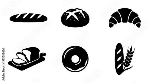 Bakery icon set with black silhouettes of bread, croissant, and donut. Collection of 6 bakery vector elements for cafe menus and food branding.