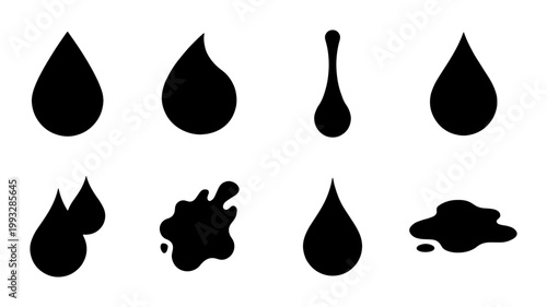 Black water drop icons set, liquid droplet silhouettes and splash vector elements, minimalist oil and ink drip collection for logo design