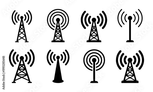 Radio tower icon set with 8 vector elements, telecommunication antenna symbols, wireless signal transmitter signs, cellular network broadcast towers