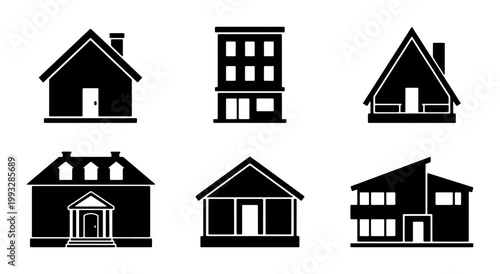 Minimalist house icons set, black silhouette building vector collection, real estate property symbols, modern residential architecture and apartment signs