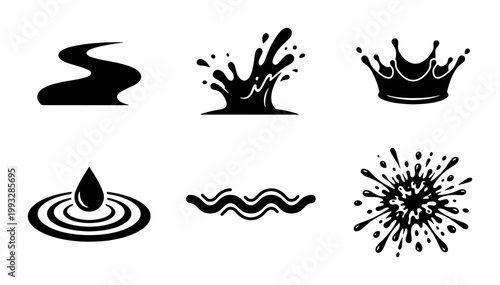Black liquid splash icons set, water drop and ripple vector elements, ink splatter and wave silhouettes for logo design and branding