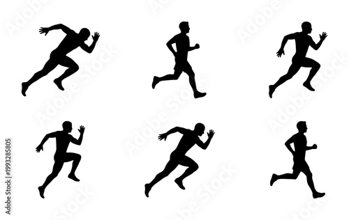 Running man silhouettes set, male athlete sprinting and jogging poses, black vector figures of runners for sports and fitness design
