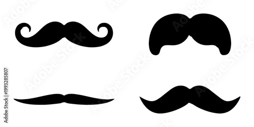 Vintage mustache silhouette collection, set of 4 black facial hair icons, retro barber shop grooming symbols, classic gentleman mustache vector set