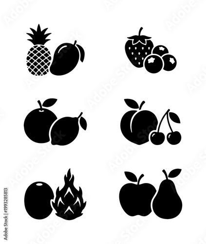Minimalist black fruit icons set, flat vector silhouette fruit collection with pineapple mango strawberry and apple, organic food symbols for grocery