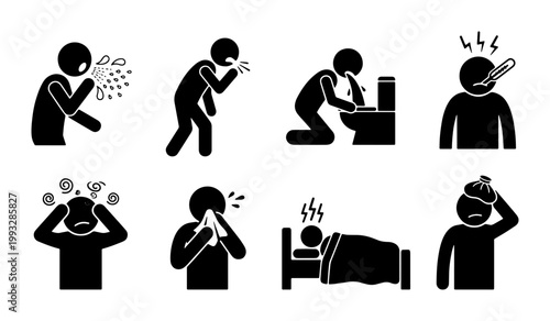 Sick person stick figure icons set, flu and cold symptoms vector collection, black and white illness pictograms for medical healthcare infographics