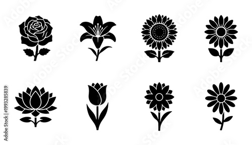 Minimalist black flower icons set, 8 floral vector silhouettes including rose lily and sunflower, botanical garden plant symbols for logo design