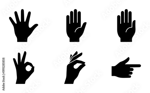 Minimalist hand gesture icons set, black silhouette human hand symbols, 6 vector elements showing palm and finger signs for interface design