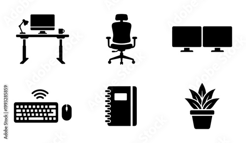 Minimalist office workspace icon set, black silhouette furniture and computer equipment, 6 vector elements for remote work and home office design