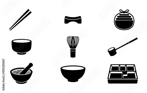 Japanese traditional kitchenware icons, minimalist black tea ceremony and dining set, 9 vector elements for restaurant menu and cultural design