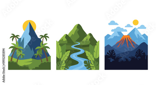 Vector graphic illustration set featuring stylized mountain landscapes with palm trees a winding river and volcanoes