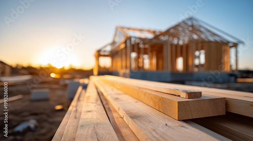 Aerial view of a house frame being built at a construction site at sunset with wooden floors and walls visible, residential construction concept, defocused background, with copy