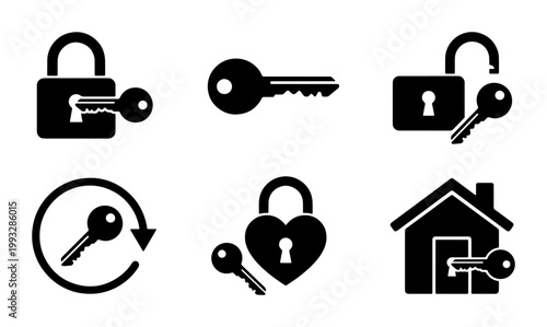 Black security icons set, padlock and key vector collection, home safety and privacy symbols, heart lock and house access graphic elements