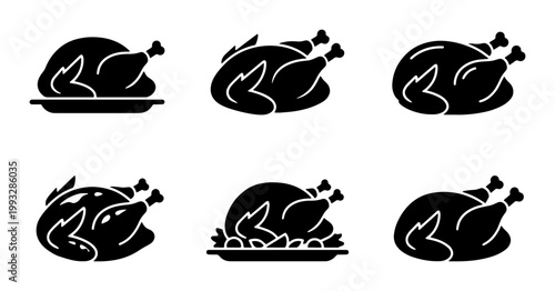 Roasted turkey icon set, black silhouette of cooked whole chicken on platter, 6 poultry food vector elements for Thanksgiving and Christmas dinner