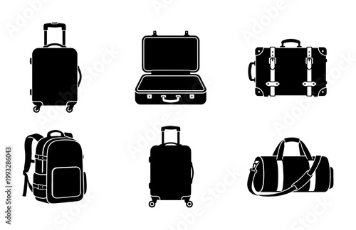 Travel luggage silhouette icons set, black suitcase and baggage collection, 6 vector elements for vacation and business trip planning