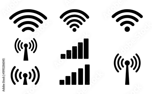 Wireless signal icon set, black wifi and cellular network symbols, radio tower and mobile data strength indicators, 8 vector communication elements