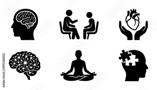 Mental health icon set, psychology and brain wellness symbols, therapy and meditation vector elements, 6 black silhouette icons for healthcare