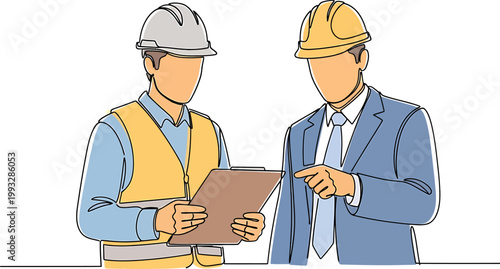 Continuous line drawing of construction worker and manager in hard hats discussing project plans on a clipboard