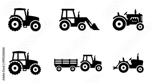 Agricultural tractor icons set, black farm machinery silhouettes, 6 vector elements of heavy equipment and industrial farming vehicles