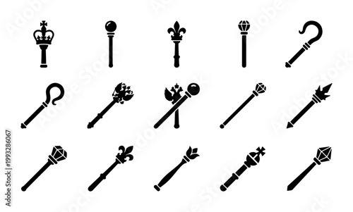 Medieval scepter and royal wand icons set, 15 black silhouette fantasy staff vectors, royal authority and magic power symbols for game UI