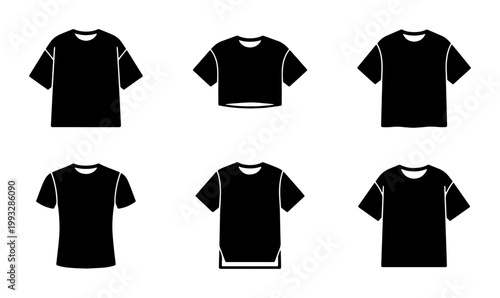 Black t-shirt vector icons set, blank apparel mockup silhouettes, 6 minimalist clothing templates for fashion branding and merchandise design