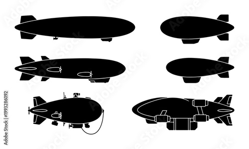 Vintage airship silhouette collection, set of 6 dirigible and zeppelin vector icons, retro steampunk flying machines for aviation design