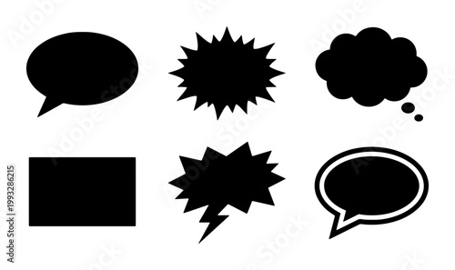 Comic speech bubbles set, black silhouette talk clouds and thought balloons, 6 vector chat icons for graphic design and social media communication