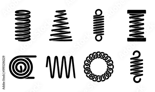 Industrial metal spring icons set, black steel coil vector collection, mechanical spiral wire and compression spring silhouettes for engineering