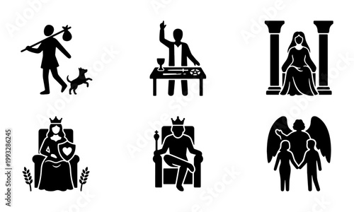 Tarot major arcana icons set, mystical occult symbols vector collection, esoteric spiritual silhouettes of fool magician high priestess empress emperor and lovers