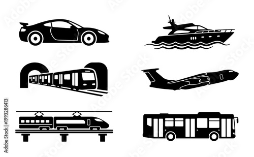 Transportation silhouette icons set of 6 vector elements. Black vehicle symbols including car, boat, airplane, bus, and train for logistics and travel graphics.