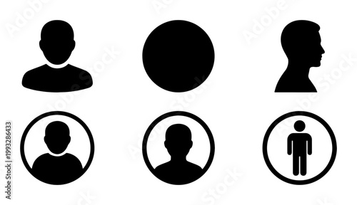 Minimalist user profile icon set, black human avatar silhouettes for web interface, 6 professional person symbols in vector format