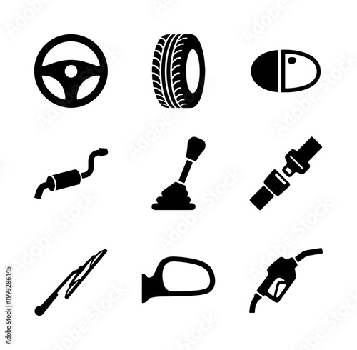 Automotive parts icon set, 9 black vector car service symbols, vehicle maintenance and repair elements for garage or dealership branding