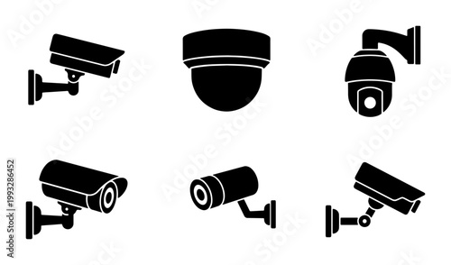 Security camera icon set with 6 black vector silhouettes, surveillance cctv equipment symbols, monitoring and safety system graphic elements
